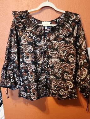 Cleobella XS Boho Paisley Peasant Blouse - Black & Brown
